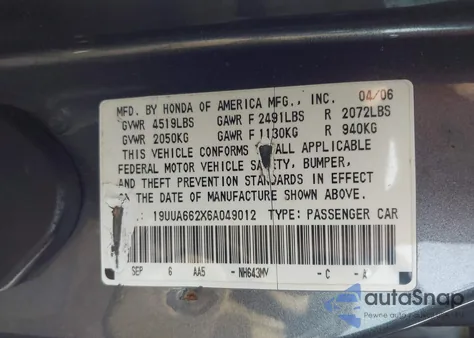 2006 Acura Tl from USA, damaged, VIN 19UUA662X6A049012